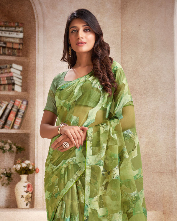 Vishal Prints Olive Green Tissue Brasso Digital Print Saree With Tassel And Core Piping