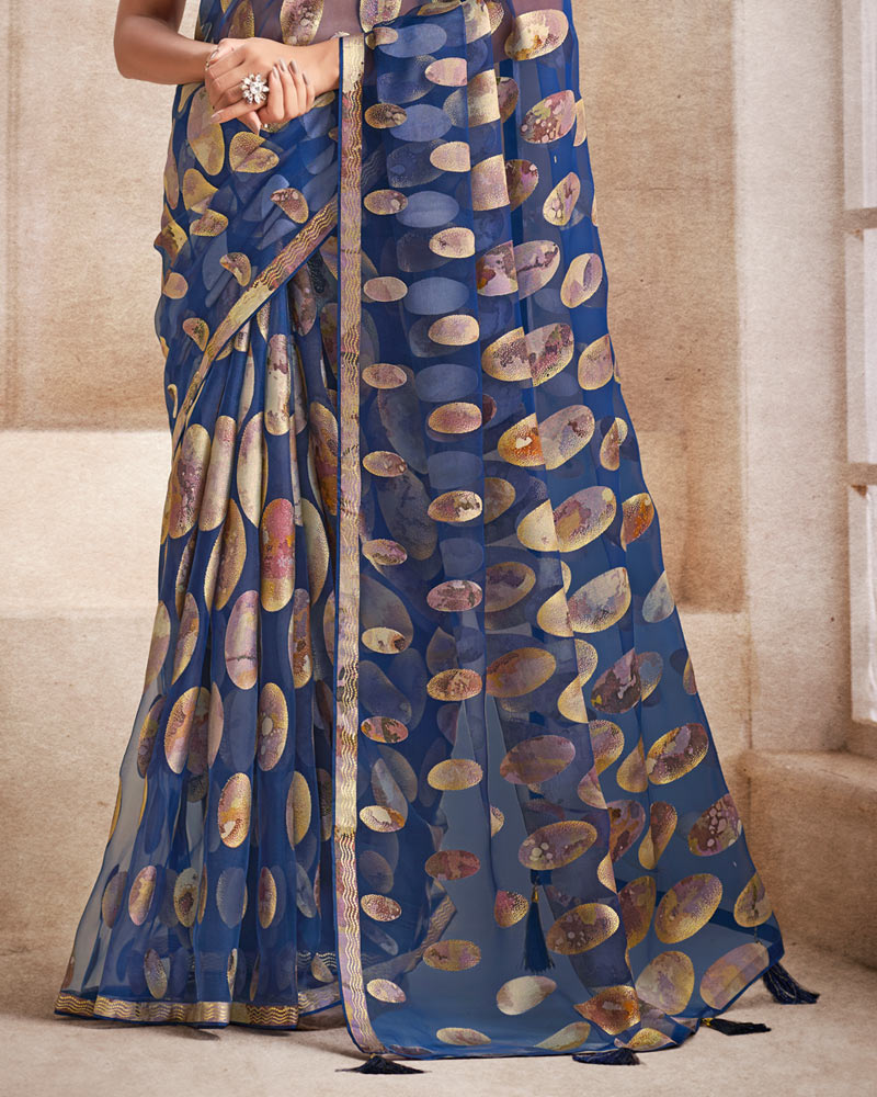 Vishal Prints Dark Blue Tissue Brasso Digital Print Saree With Tassel And Core Piping