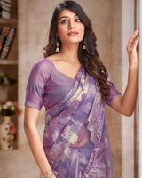 Vishal Prints Violet Tissue Brasso Digital Print Saree With Tassel And Core Piping