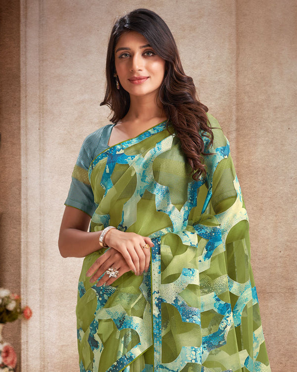 Vishal Prints Mehandi Green Tissue Brasso Digital Print Saree With Tassel And Core Piping