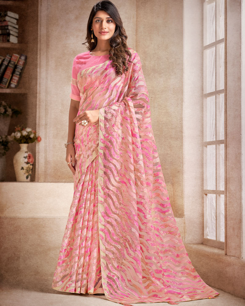 Vishal Prints Off White Tissue Brasso Digital Print Saree With Tassel And Core Piping