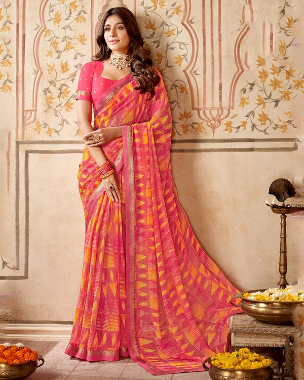 Vishal Prints Blush Pink Printed Georgette Saree With Fancy Border
