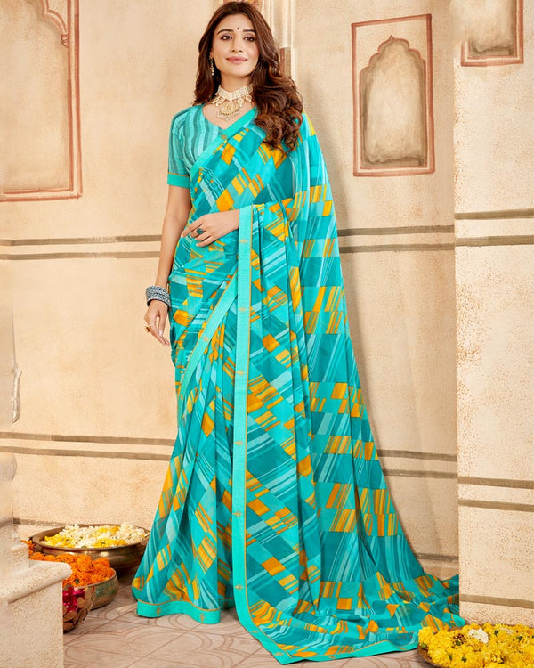 Vishal Prints Bright Turquoise Printed Georgette Saree With Fancy Border