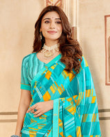 Vishal Prints Bright Turquoise Printed Georgette Saree With Fancy Border