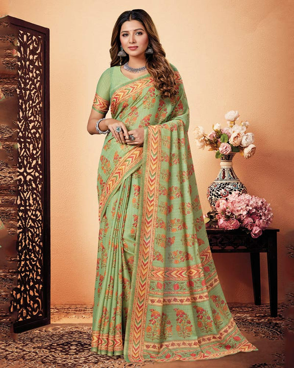 Vishal Prints Pastel Green Digital Print Cotton Silk Saree