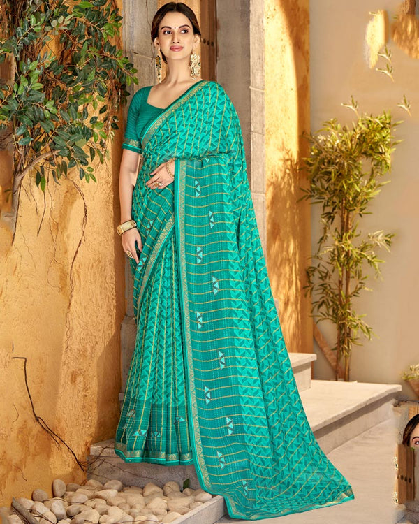 Vishal Prints Aqua Green Patterned Chiffon Designer Saree With Patch Work And Diamond