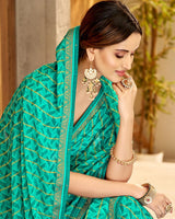 Vishal Prints Aqua Green Patterned Chiffon Designer Saree With Patch Work And Diamond