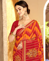 Vishal Prints Dark Red Patterned Chiffon Designer Saree With Embroidery And Diamond