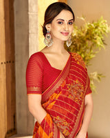 Vishal Prints Dark Red Patterned Chiffon Designer Saree With Embroidery And Diamond