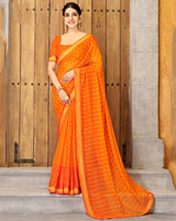 Vishal Prints Orange Patterned Chiffon Designer Saree With Patch Work And Diamond