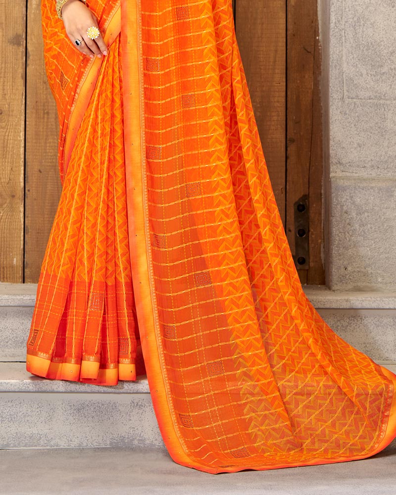 Vishal Prints Orange Patterned Chiffon Designer Saree With Patch Work And Diamond
