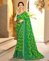 Vishal Prints Dark Green Patterned Chiffon Designer Saree With Patch Work And Diamond