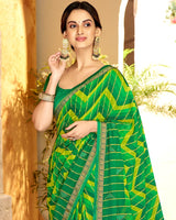 Vishal Prints Dark Green Patterned Chiffon Designer Saree With Patch Work And Diamond