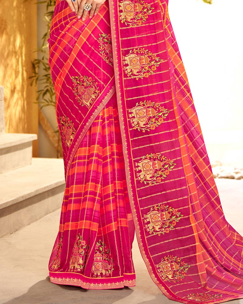 Vishal Prints Red Pink Patterned Chiffon Designer Saree With Embroidery And Diamond