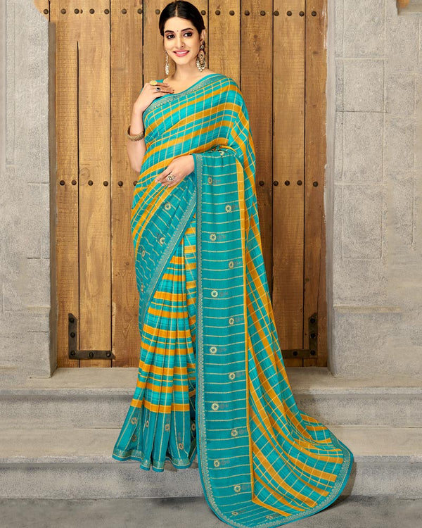 Vishal Prints Dark Turquoise Blue Patterned Chiffon Designer Saree With Patch Work And Diamond