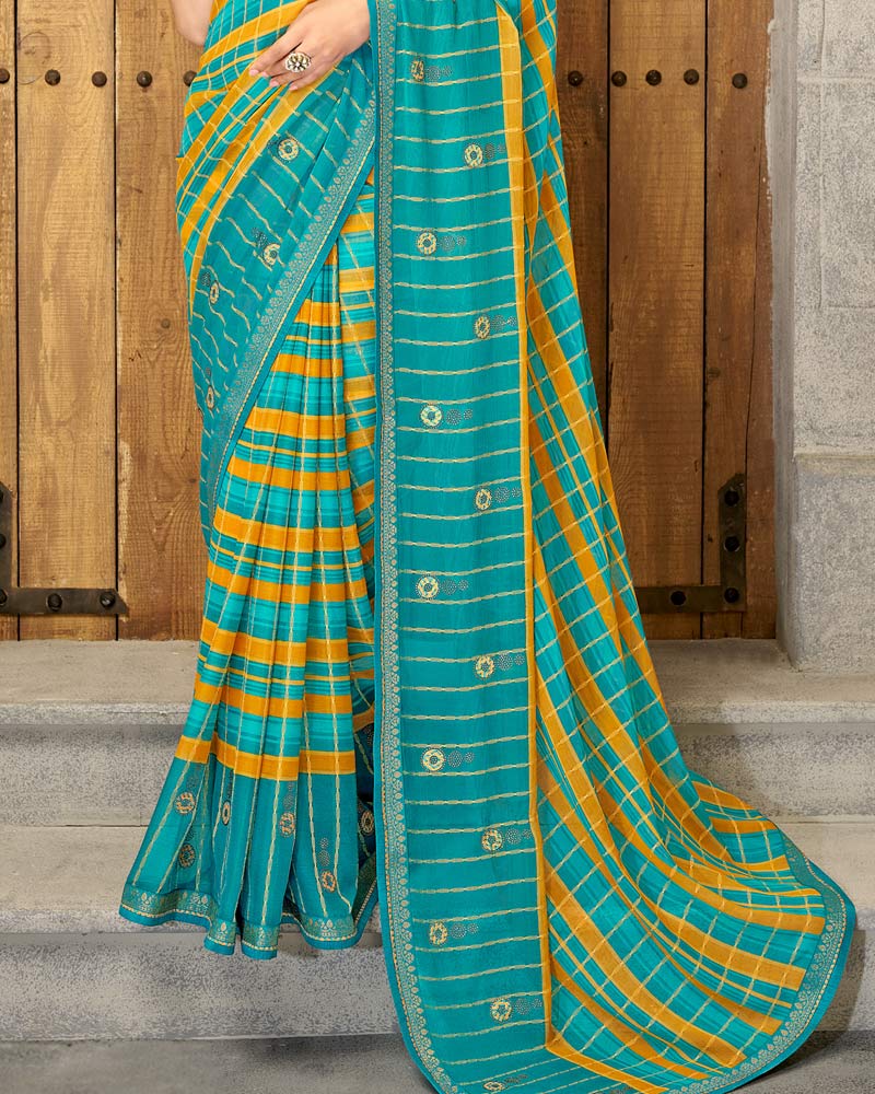 Vishal Prints Dark Turquoise Blue Patterned Chiffon Designer Saree With Patch Work And Diamond