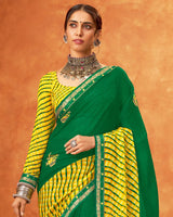 Vishal Prints Green And Yellow Chiffon Saree With Embroidery Work And Zari Border