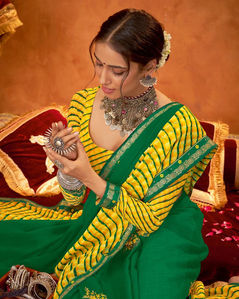 Vishal Prints Green And Yellow Chiffon Saree With Embroidery Work And Zari Border