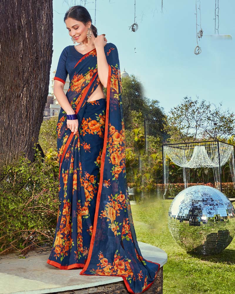 Vishal Prints Dark Blue And Orange Printed Georgette Saree With Piping