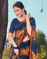 Vishal Prints Dark Blue And Orange Printed Georgette Saree With Piping