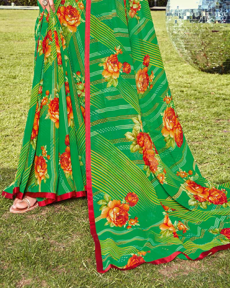 Vishal Prints Lime Green Printed Georgette Saree With Piping