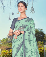 Vishal Prints Turquoise Printed Georgette Saree With Piping