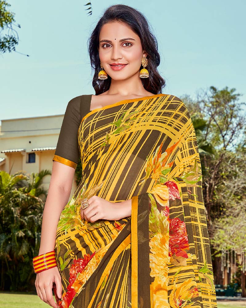 Vishal Prints Yellow Printed Georgette Saree With Piping