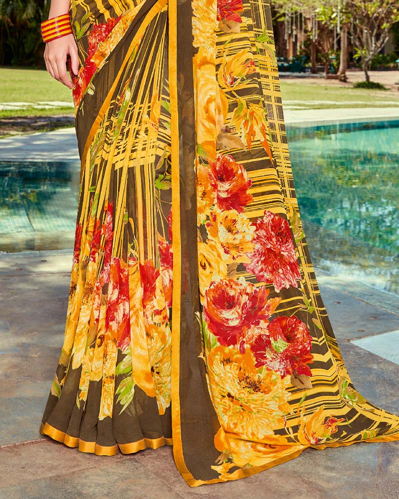 Vishal Prints Yellow Printed Georgette Saree With Piping