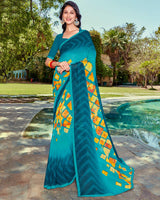 Vishal Prints Blue Green Printed Georgette Saree With Piping
