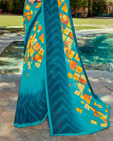 Vishal Prints Blue Green Printed Georgette Saree With Piping