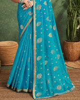 Vishal Prints Wedgewood Blue Printed Chiffon Saree With Foil Print And Zari Border