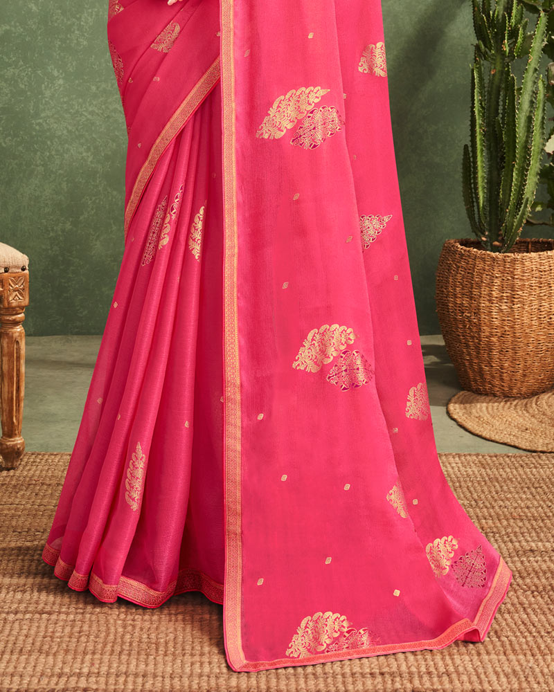 Vishal Prints Mandy Pink Printed Chiffon Saree With Foil Print And Zari Border