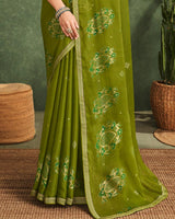 Vishal Prints Mehandi Green Printed Chiffon Saree With Foil Print And Zari Border