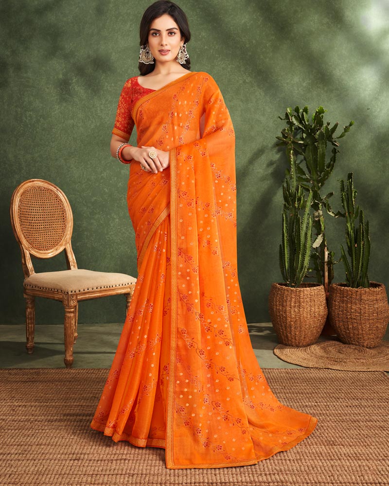 Vishal Prints Orange Printed Chiffon Saree With Foil Print And Zari Border