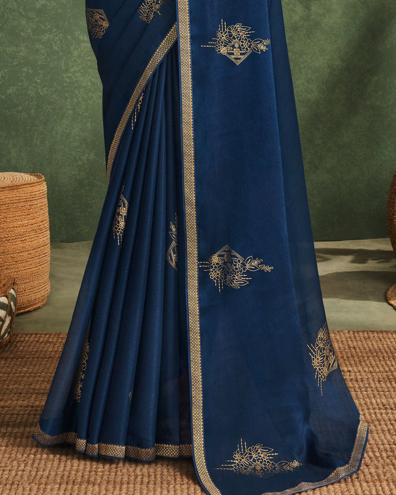 Vishal Prints Navy Blue Printed Chiffon Saree With Foil Print And Zari Border