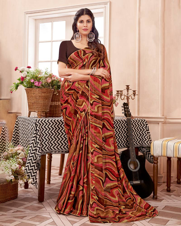 Vishal Prints Brown Printed Fancy Chiffon Saree With Core Piping
