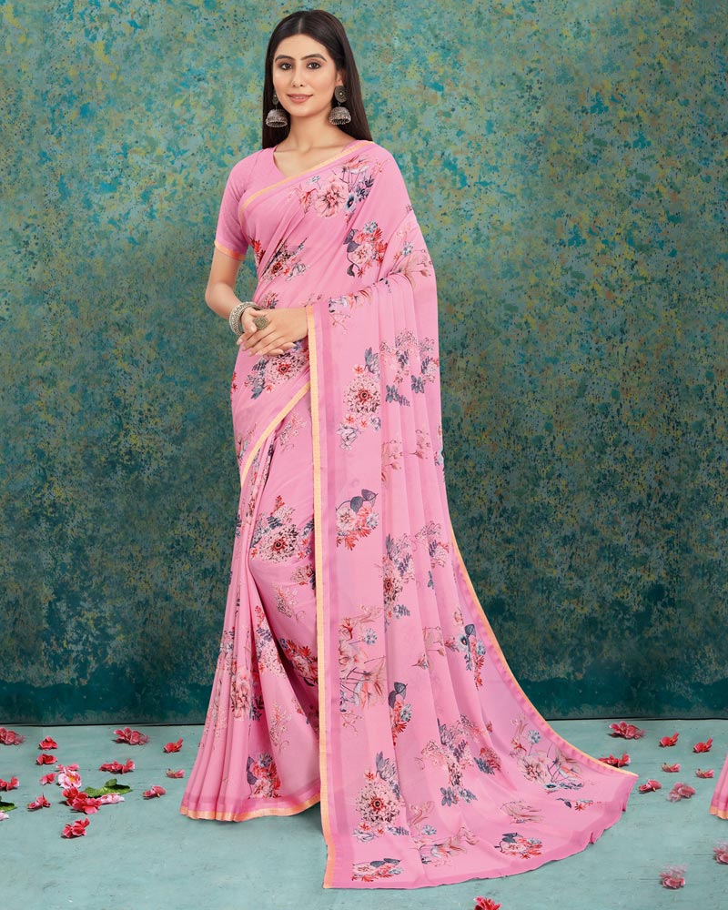 Vishal Prints Baby Pink Digital Print Criva Crepe Saree With Weaved Border