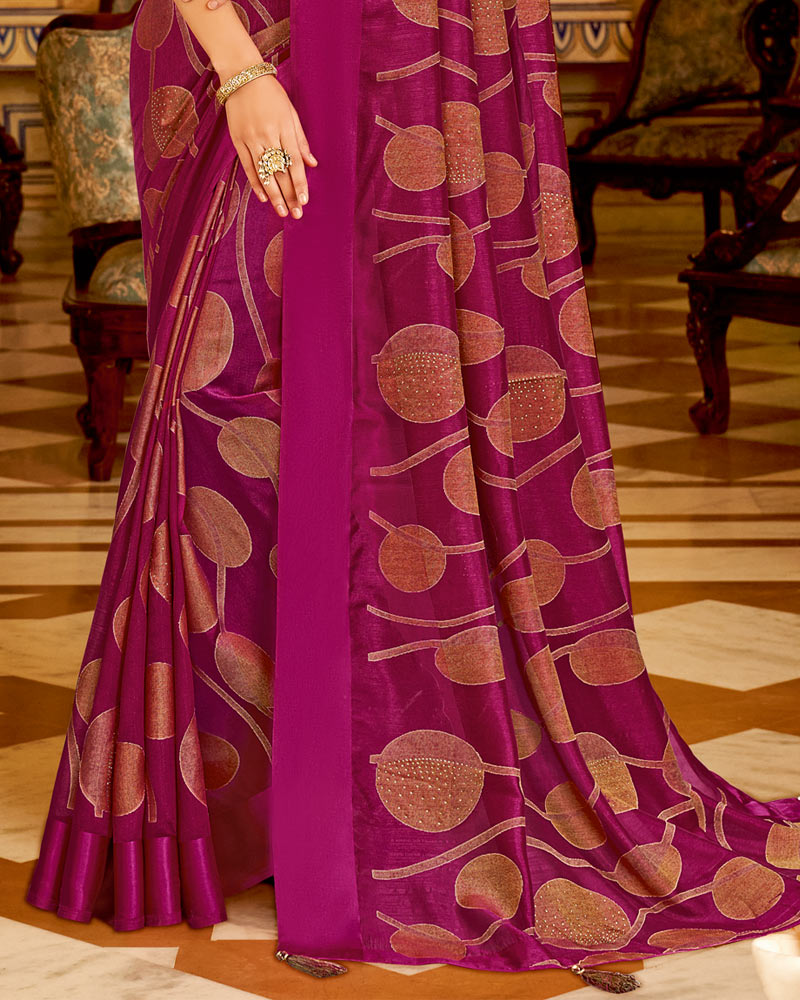 Vishal Prints Dark Fuchsia Designer Silk Brasso Saree With Diamond Work And Weaved Satin Patta