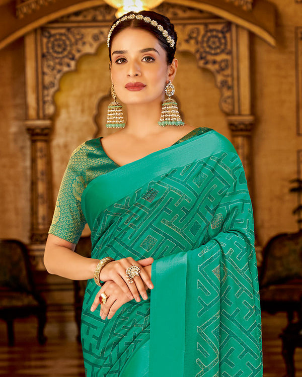 Vishal Prints Dark Mint Green Designer Silk Brasso Saree With Diamond Work And Weaved Satin Patta