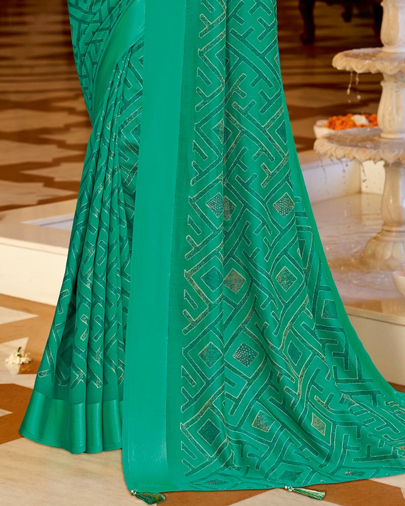 Vishal Prints Dark Mint Green Designer Silk Brasso Saree With Diamond Work And Weaved Satin Patta