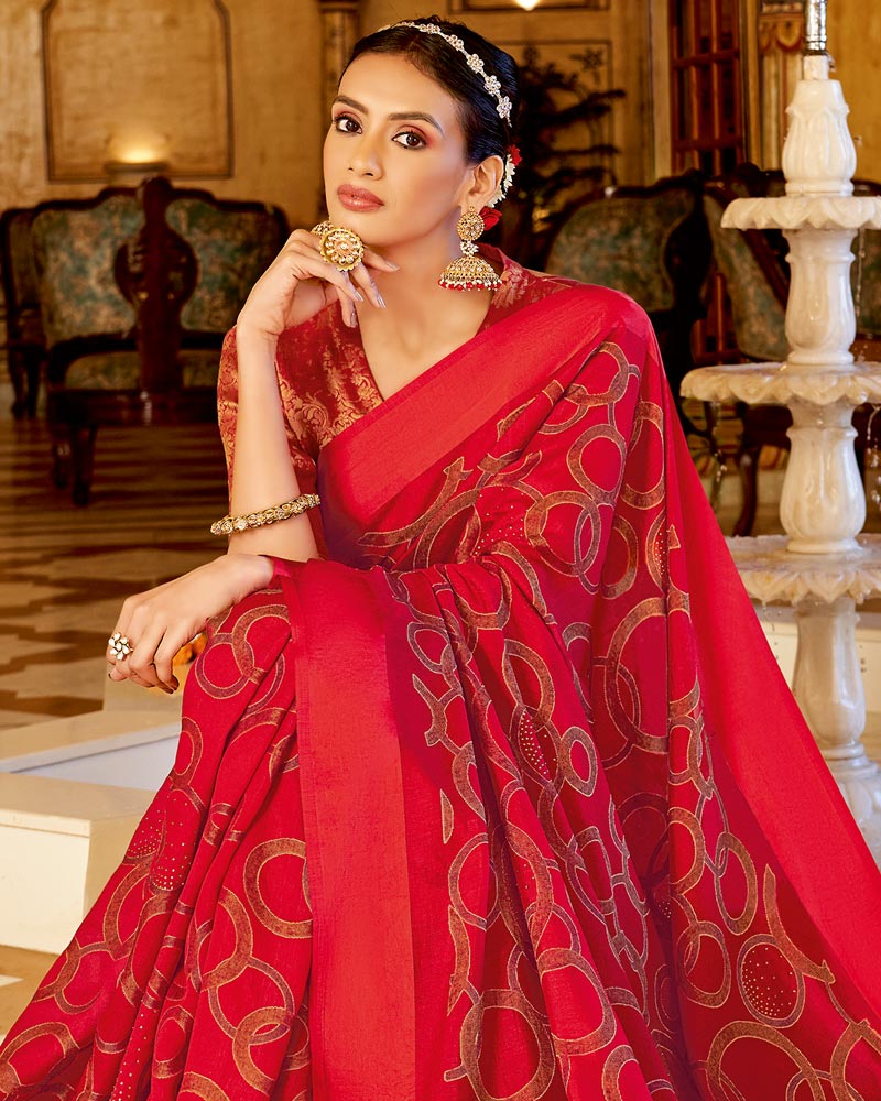 Vishal Prints Red Designer Silk Brasso Saree With Diamond Work And Weaved Satin Patta