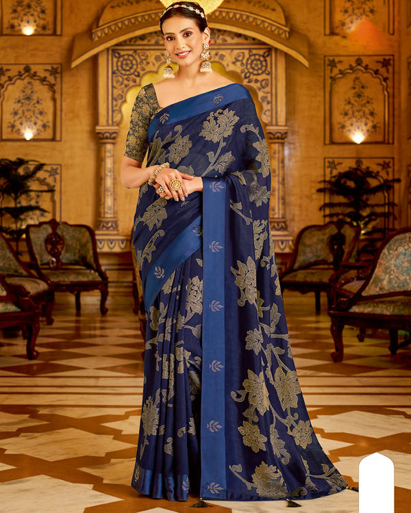 Vishal Prints Ink Blue Designer Silk Brasso Saree With Diamond Work And Weaved Satin Patta