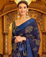 Vishal Prints Ink Blue Designer Silk Brasso Saree With Diamond Work And Weaved Satin Patta