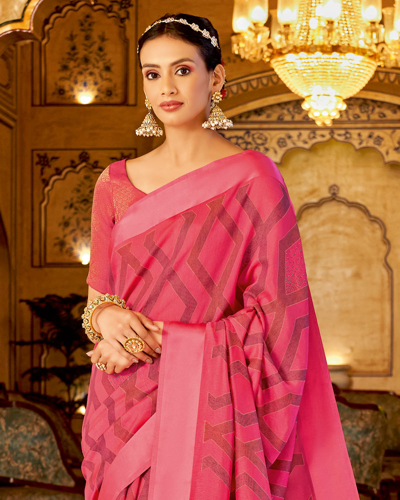 Vishal Prints Red Pink Designer Silk Brasso Saree With Diamond Work And Weaved Satin Patta