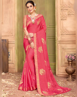 Vishal Prints Red Pink Chiffon Saree With Foil Print And Zari Border