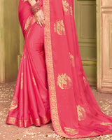 Vishal Prints Red Pink Chiffon Saree With Foil Print And Zari Border