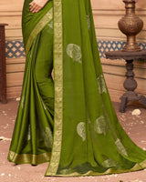 Vishal Prints Mehandi Green Chiffon Saree With Foil Print And Zari Border
