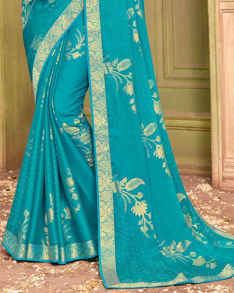Vishal Prints Dark Turquoise Blue Chiffon Saree With Foil Print And Zari Border