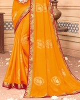 Vishal Prints Yellowish Orange Chiffon Saree With Foil Print And Zari Border