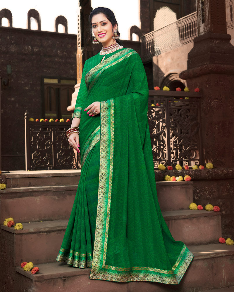 Vishal Prints Dark Green Printed Georgette Saree With Border